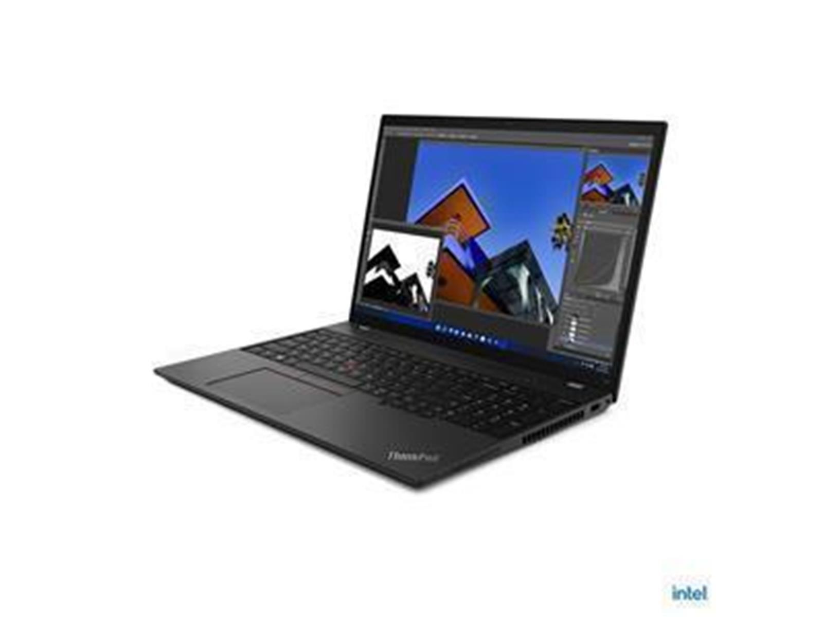 Schwarzer Laptop mit Display, das ein farbenfrohes Bild zeigt. Intel-Logo unten.