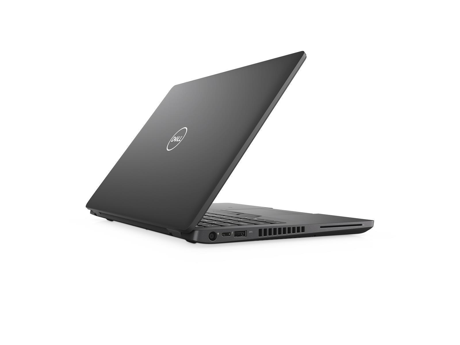 Dunkelgrauer Laptop mit dem Dell-Logo auf dem Deckel, leicht geöffnet. Weißer Hintergrund.