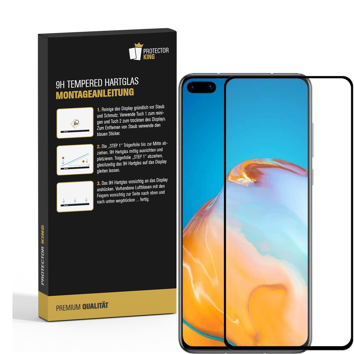 Handy-Displayschutzfolien-Kit mit Anleitung und Handy-Mock-up auf weißer Oberfläche.