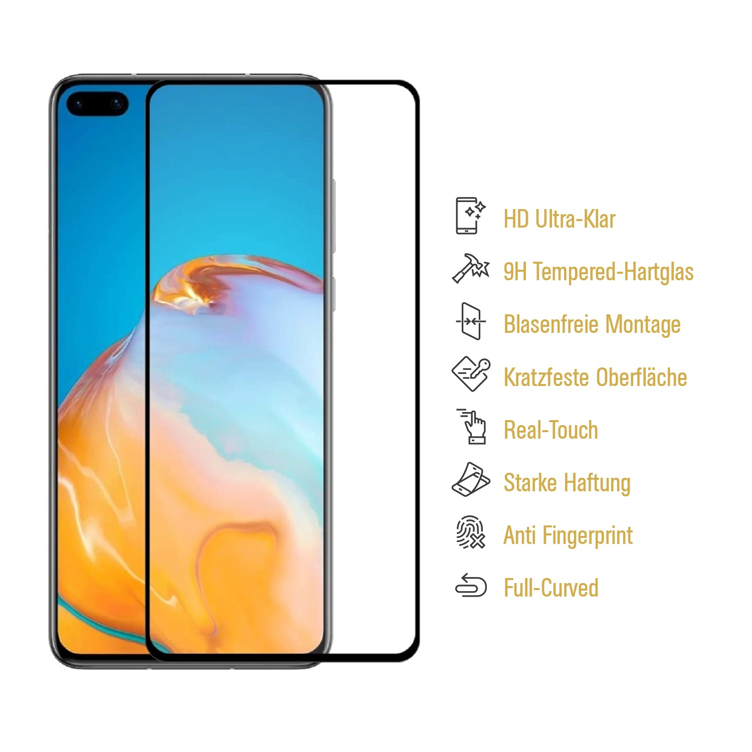 Ein Telefon mit Displayschutzfolie daneben, mit Symbolen für Funktionen.