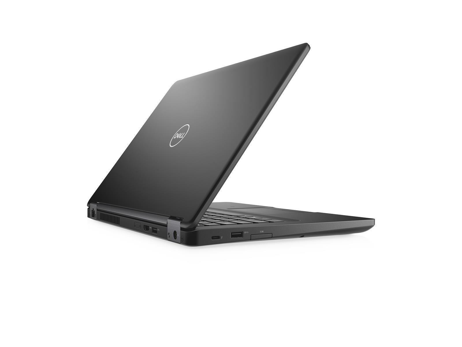 Ein schwarzer Dell Laptop ist angewinkelt geöffnet, mit Tastatur und Dell-Logo.