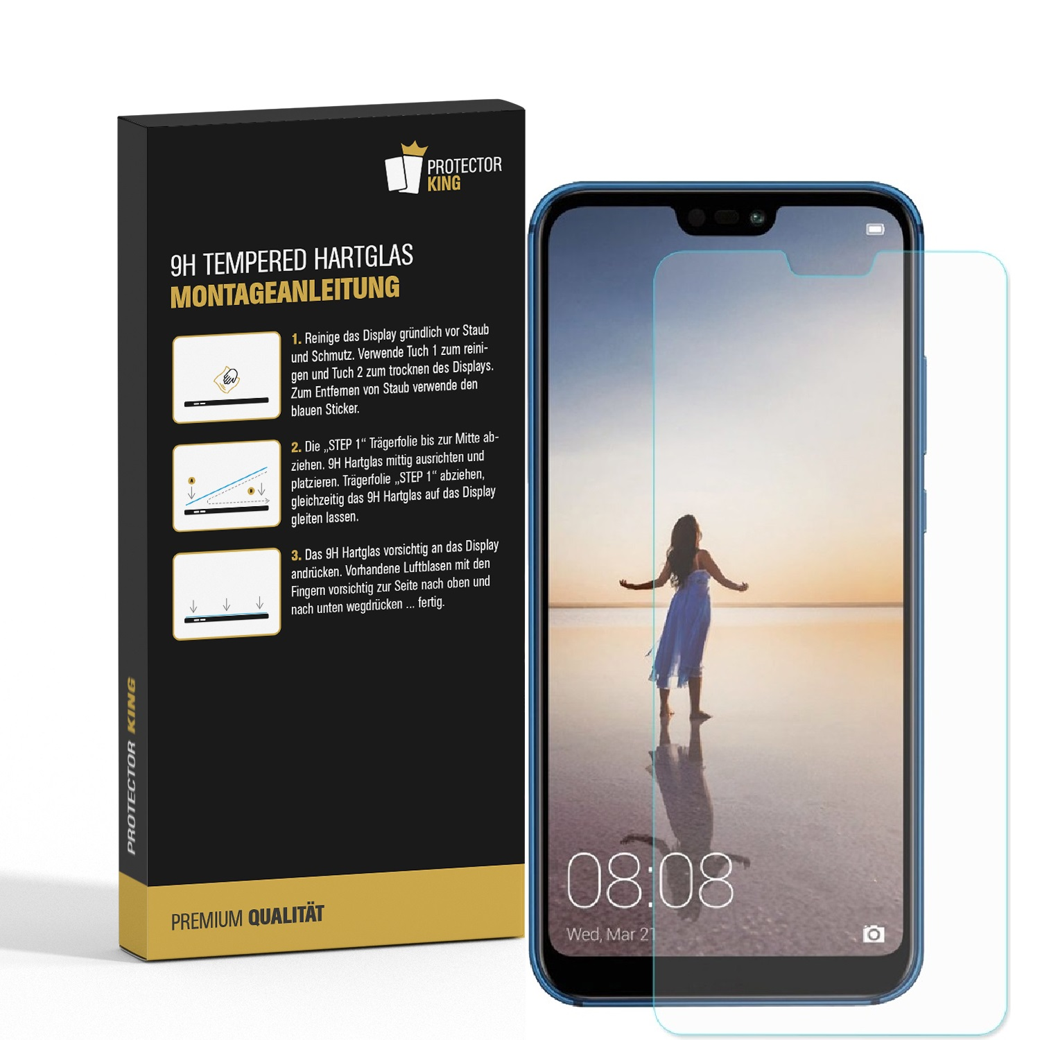 Handy-Displayschutzbox und ein Telefon. Das Telefon zeigt Uhrzeit und Datum.