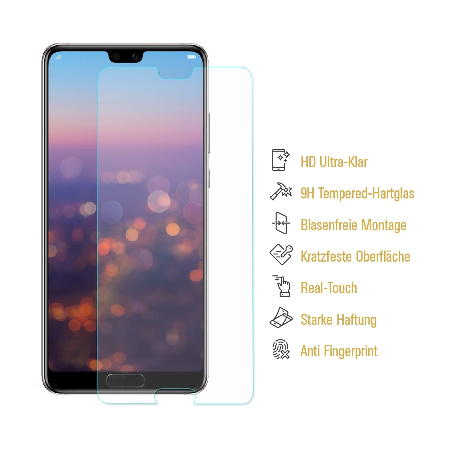 Ein Telefon mit Displayschutzfolie wird angezeigt. Der Bildschirm hat Symbole in Weiß.