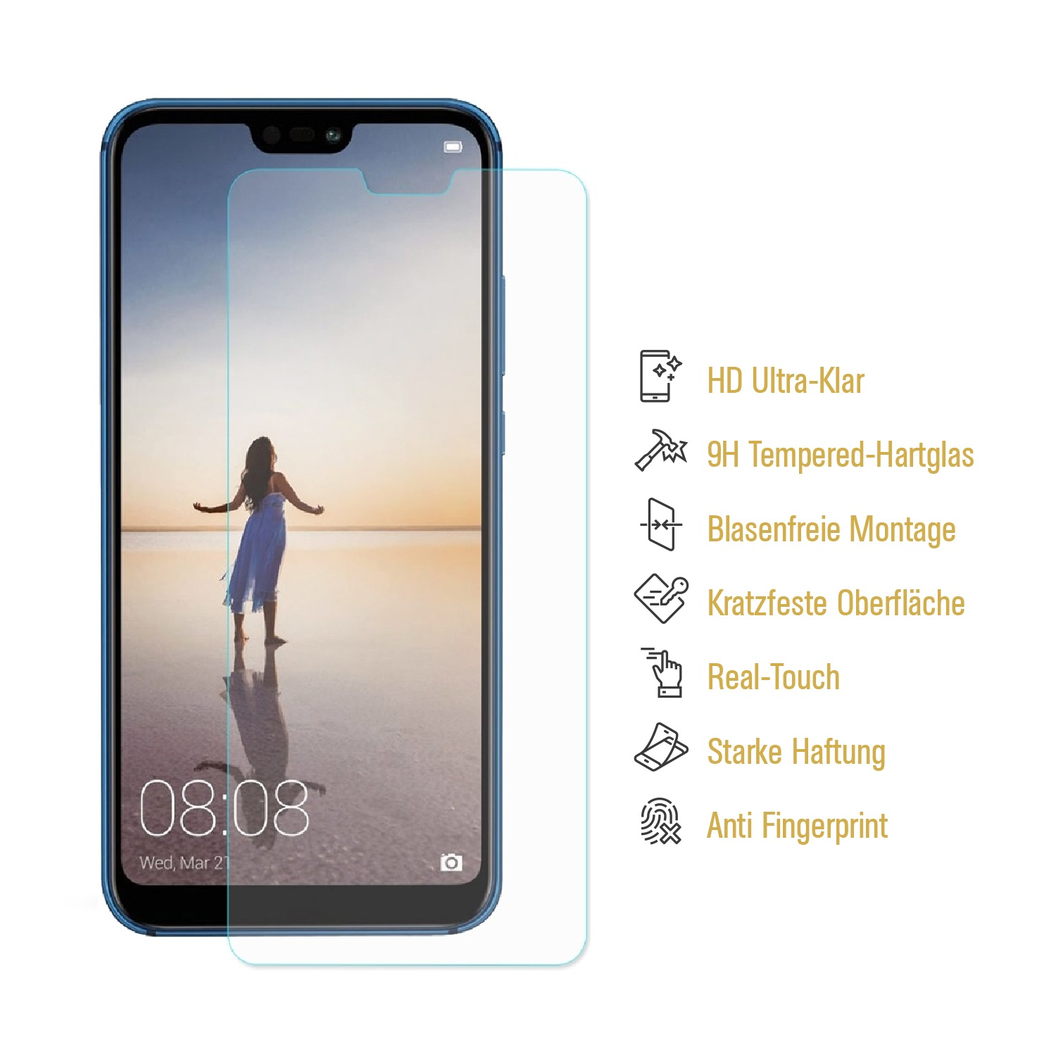 Ein Telefon mit Displayschutzfolie und eine Frau in einem blauen Kleid ist auf dem Bildschirm zu sehen.