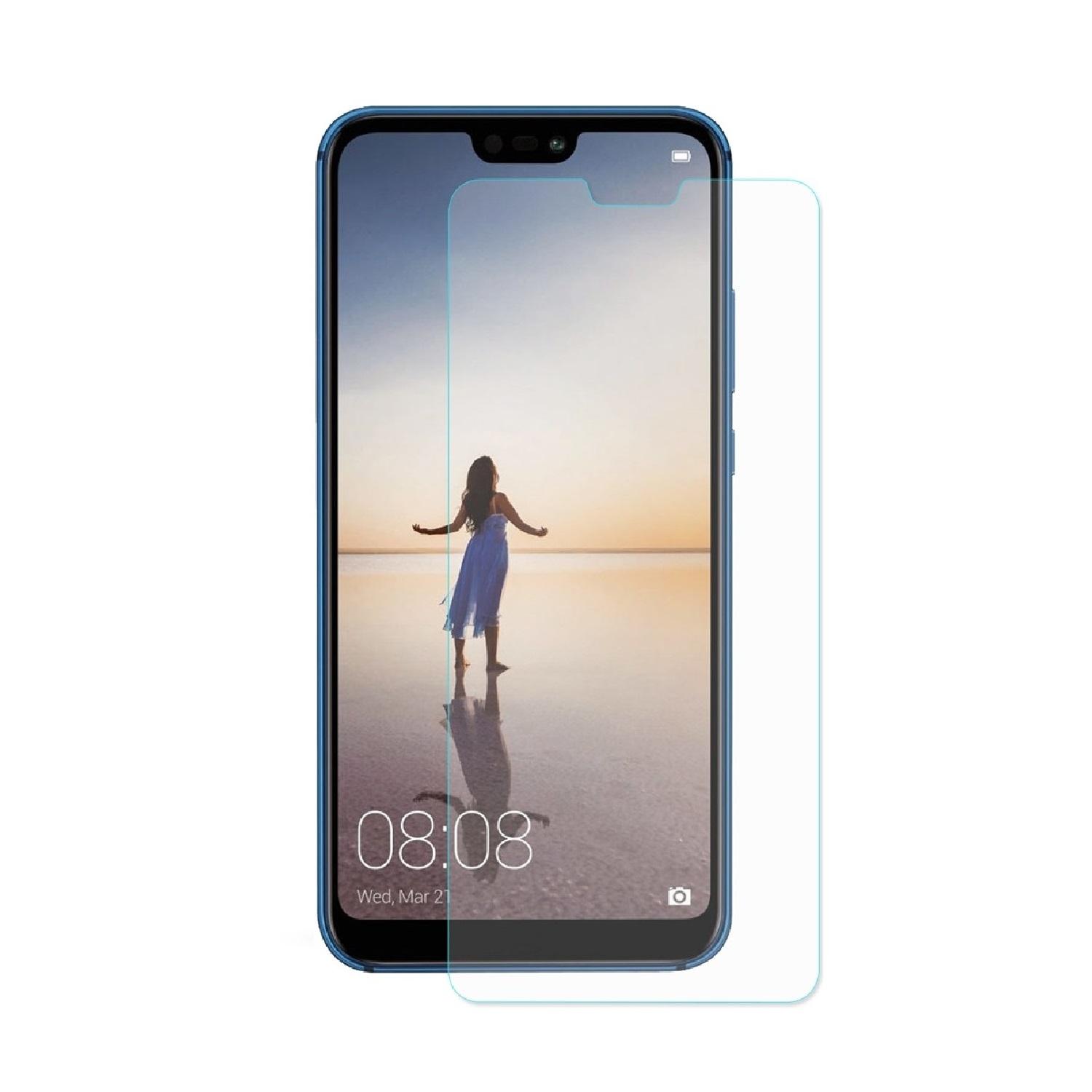 Ein Telefon und ein Displayschutz. Eine Frau steht im Wasser auf dem Display des Telefons.