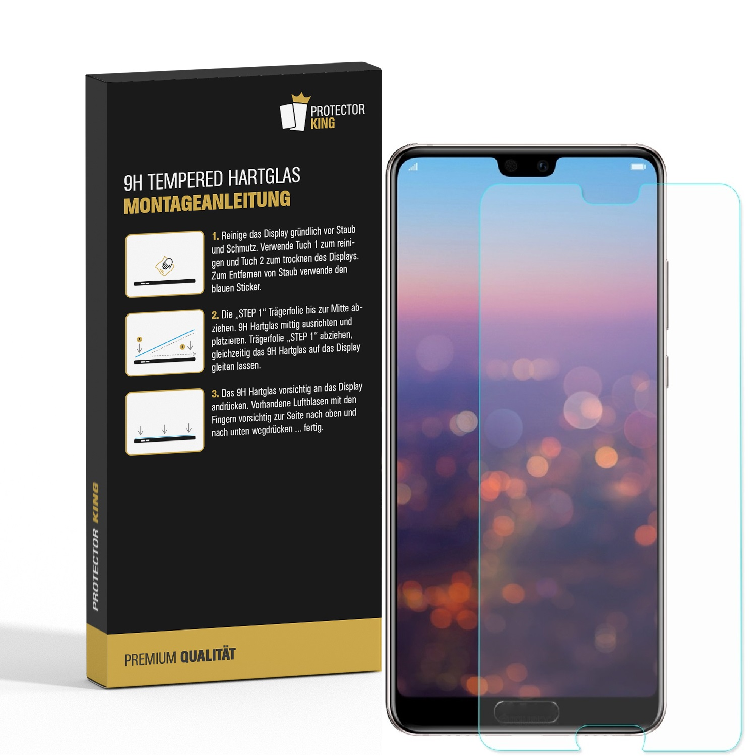 Ein Telefon, Displayschutz und Verpackung. Die Box zeigt Anweisungen und ein Telefonbild.