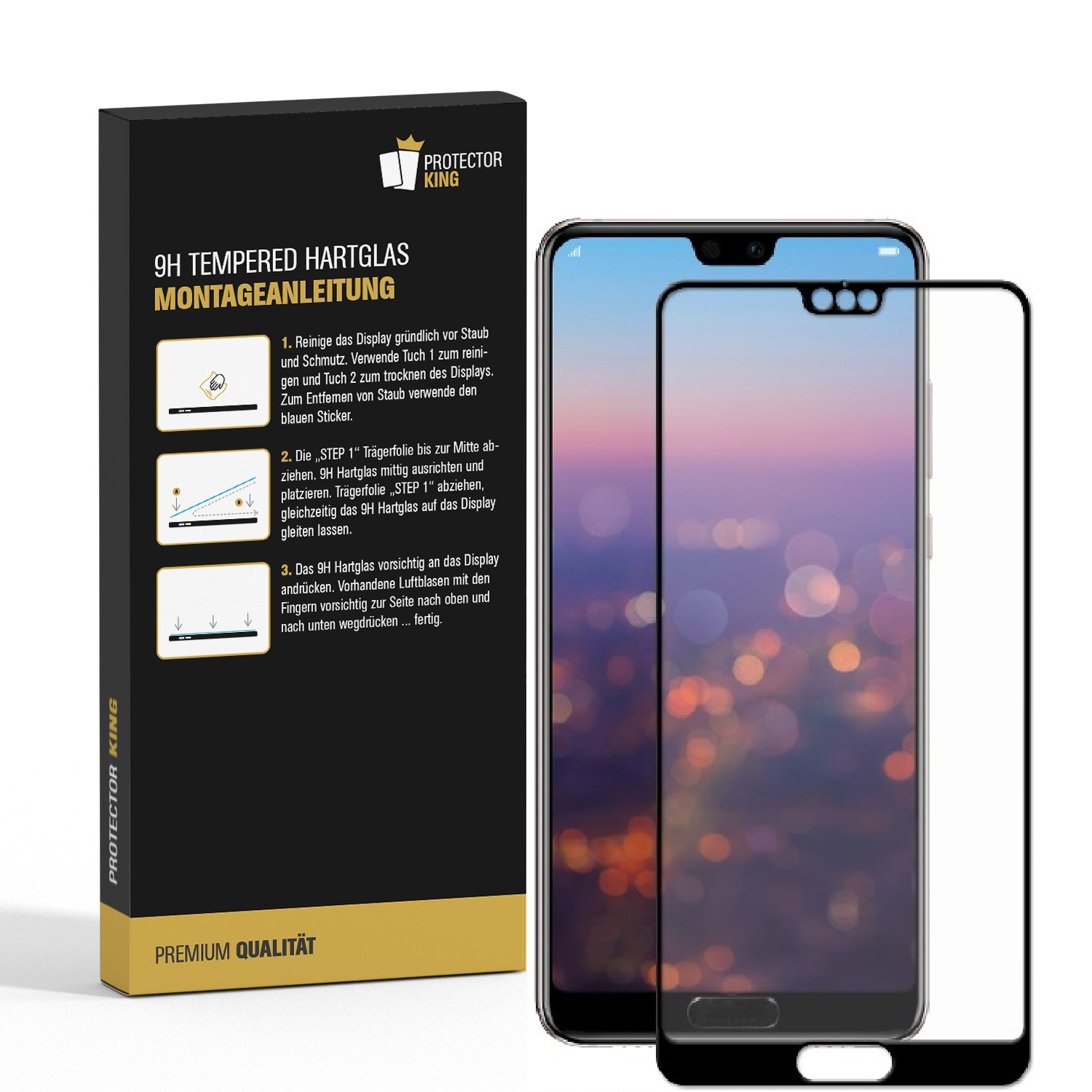 Ein Telefon mit Displayschutzfolie und eine Box mit Anweisungen werden angezeigt.