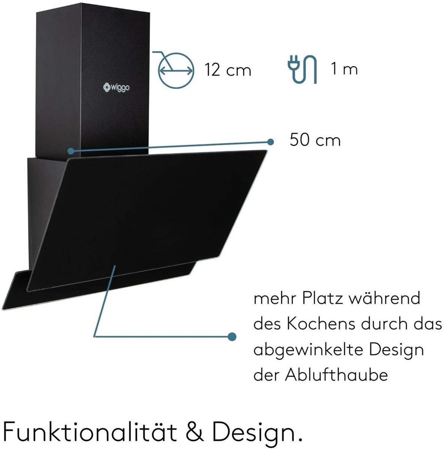 Hotte de cuisine noire avec dimensions. Texte: 'plus d'espace en cuisinant'.