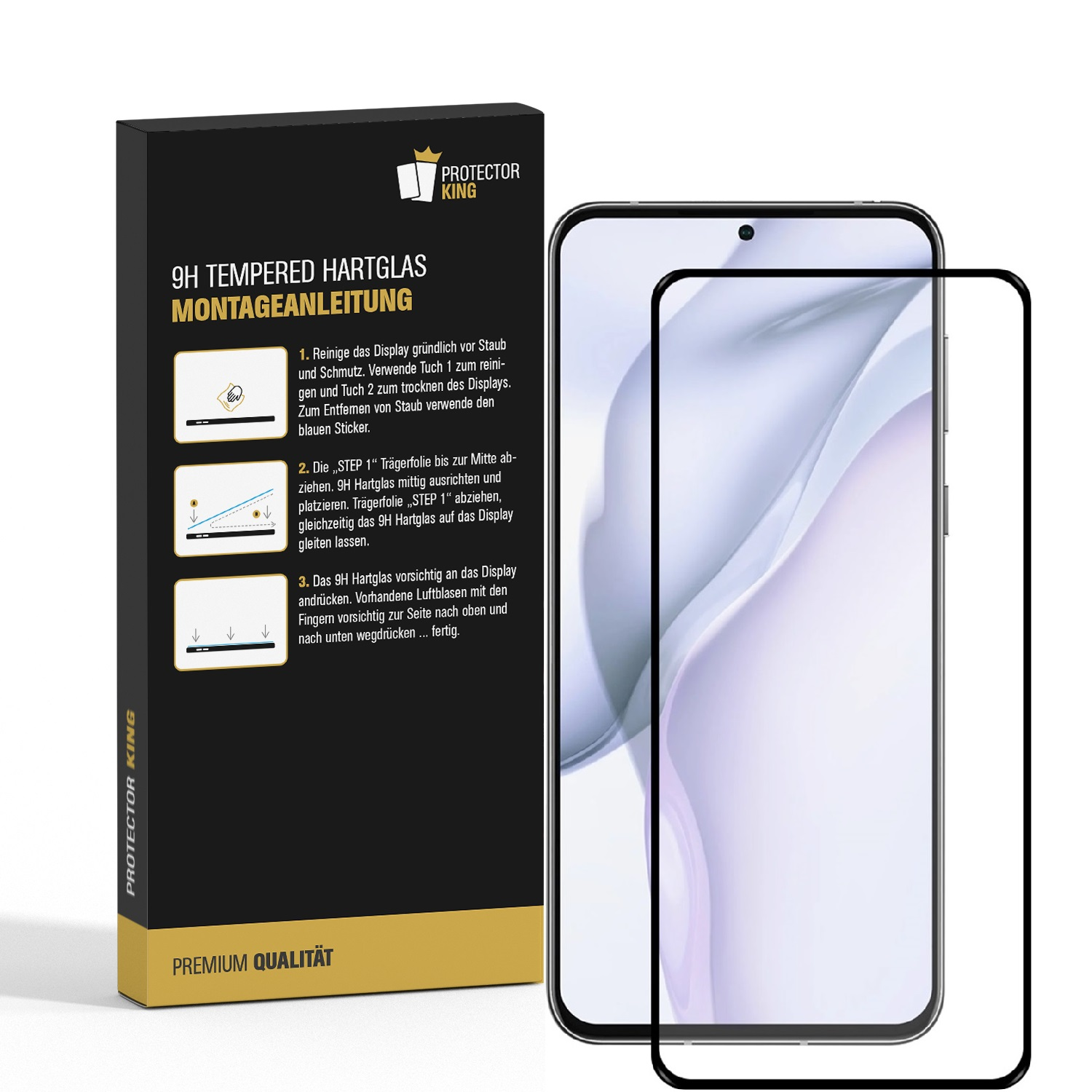 Smartphone mit Displayschutz, Verpackung und Anleitung. Die Verpackung zeigt das ProtectorKing-Logo.