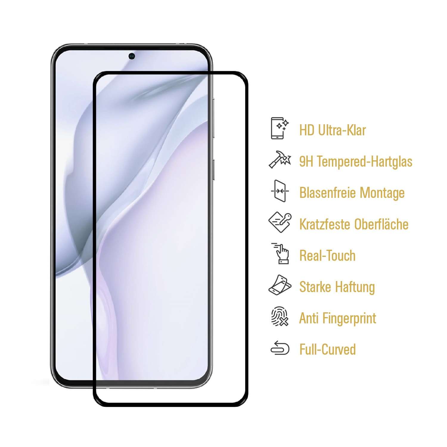 Telefon und Schutzglas mit verschiedenen Funktionssymbolen.