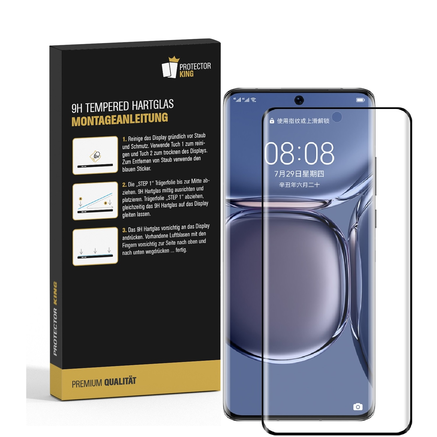 Gehärtete Glas-Displayschutzfolie mit Smartphone. Die Box zeigt Details zur Installation. Das Telefon zeigt Datum und Uhrzeit.