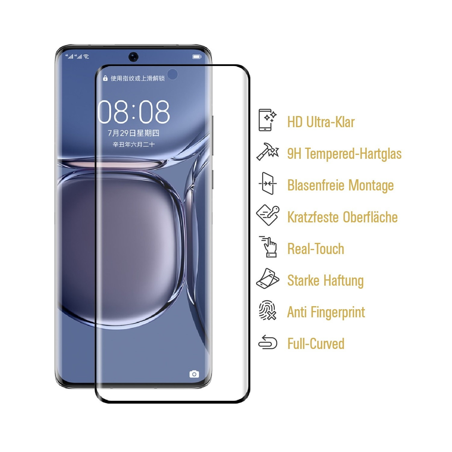 Smartphone mit Displayschutz und Symbolen. Symbole zeigen Funktionen wie HD-Klarheit und Fingerabdruckschutz.