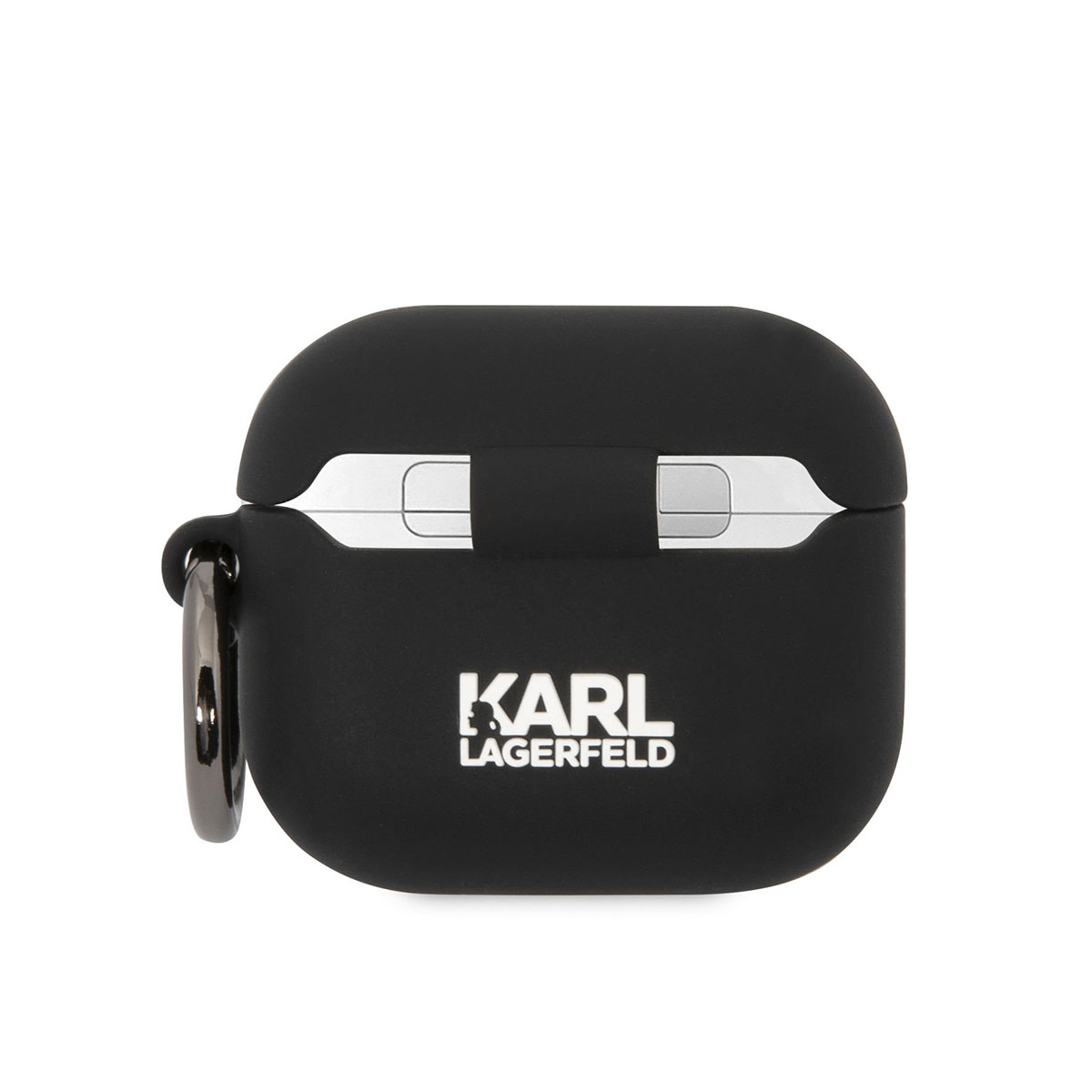 Funda negra Karl Lagerfeld AirPods con logo blanco y gancho plateado, aislada en blanco.