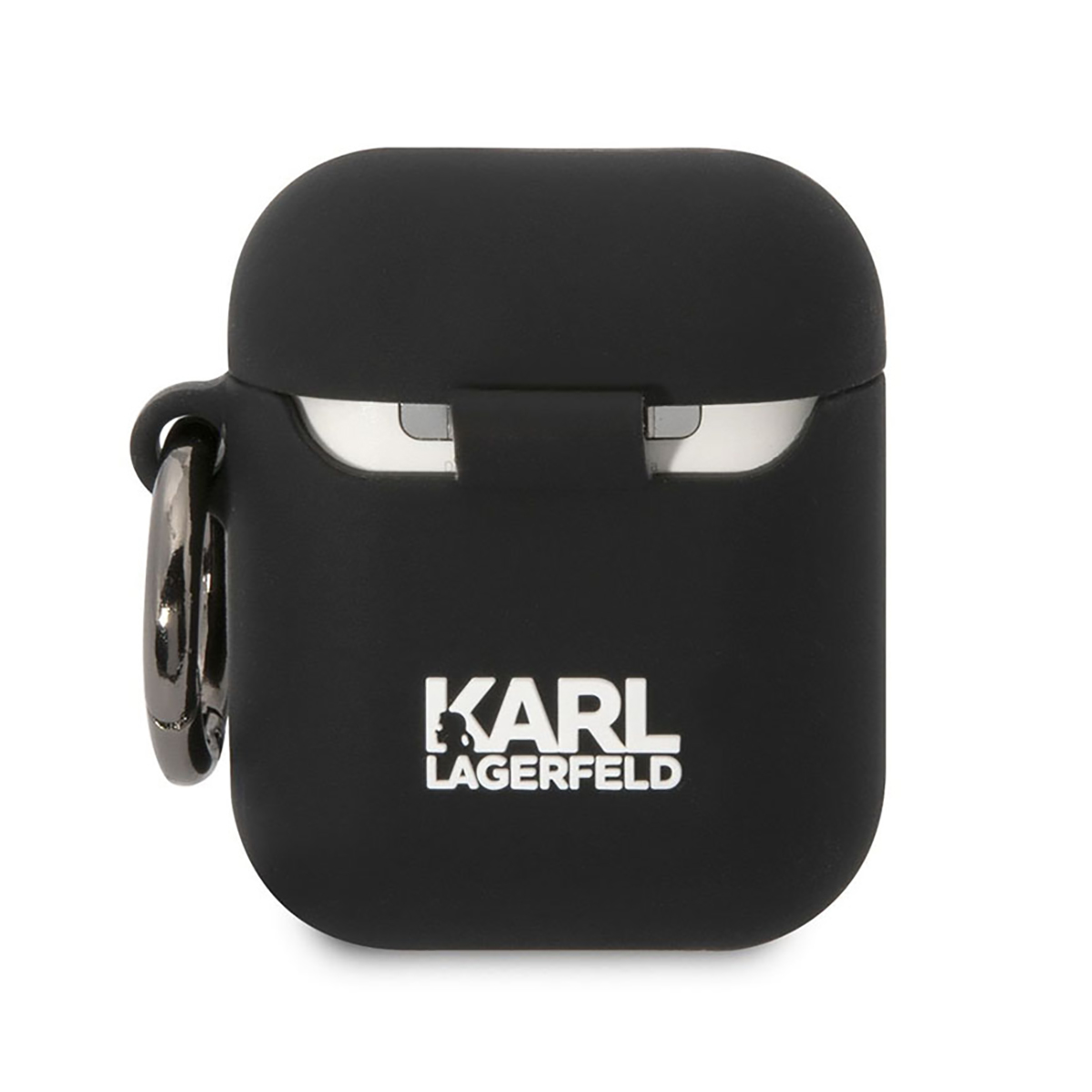 Funda negra Karl Lagerfeld para AirPods con un anillo plateado. La funda está sobre una superficie blanca.