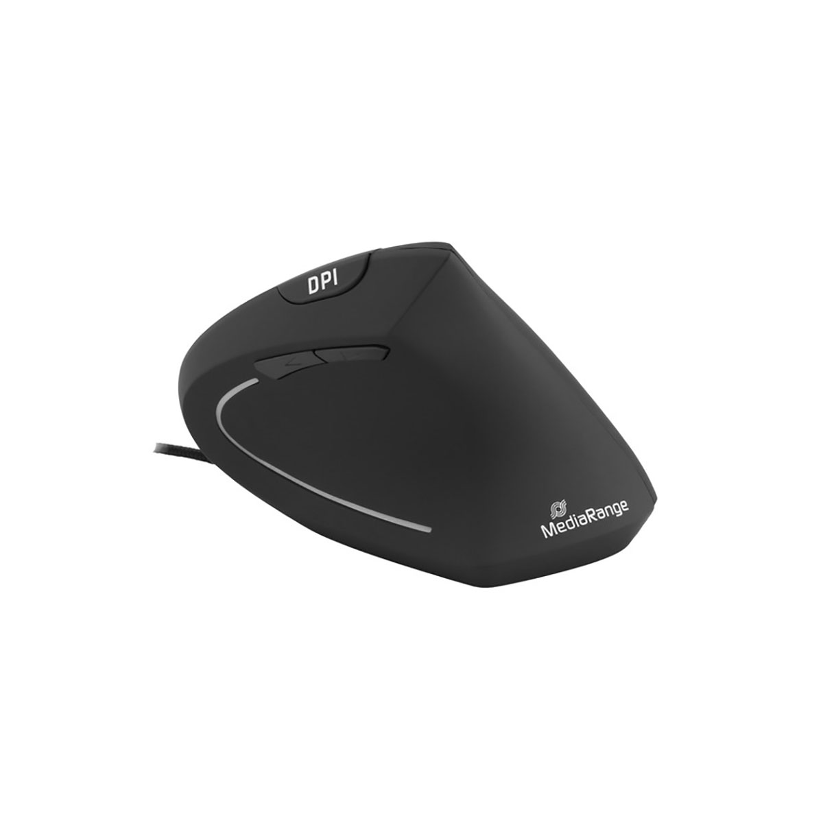 Czarna, ergonomiczna mysz z kablem. Mysz jest na białym tle.