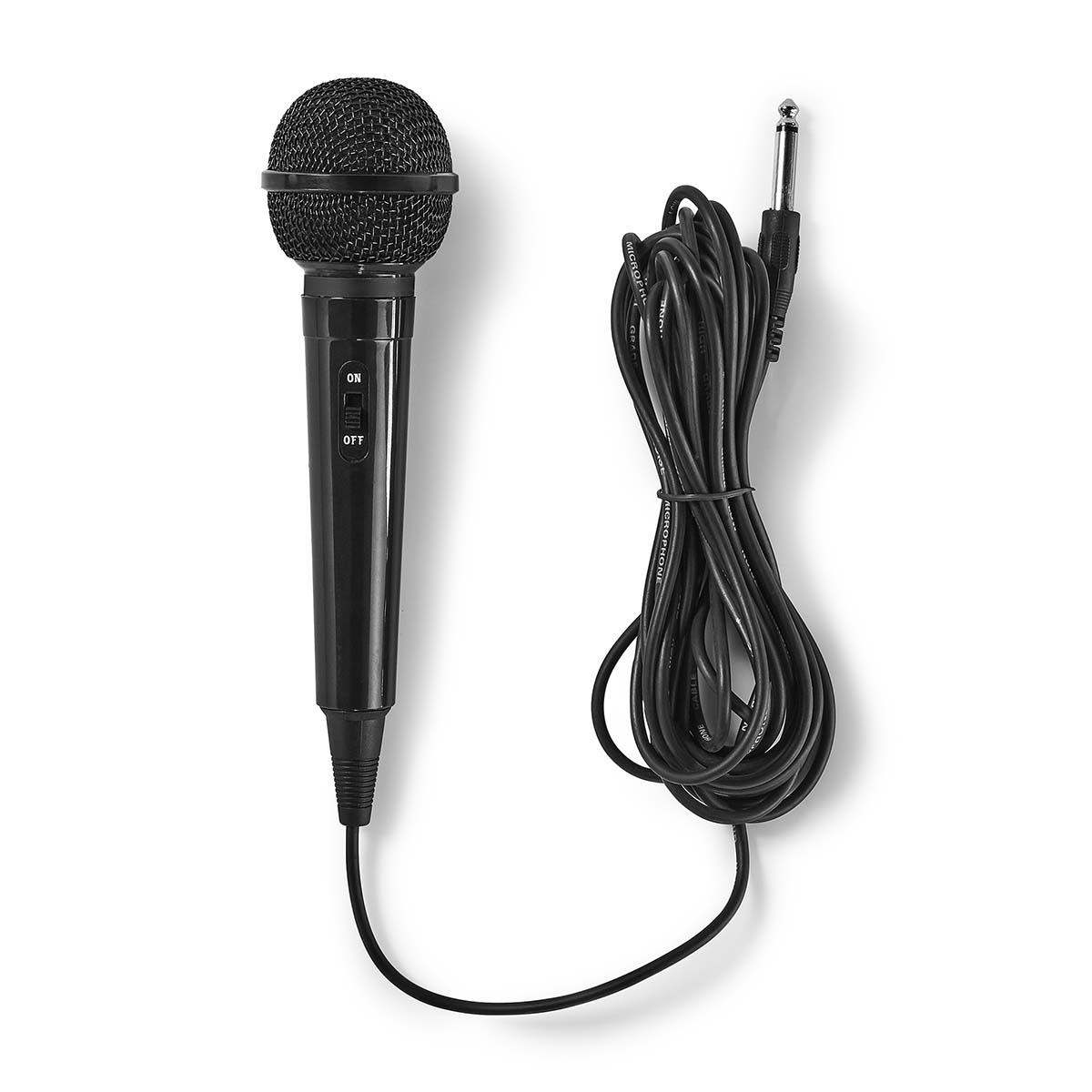 Zwarte microfoon met kabel en een jack-connector. Staat op een witte achtergrond.