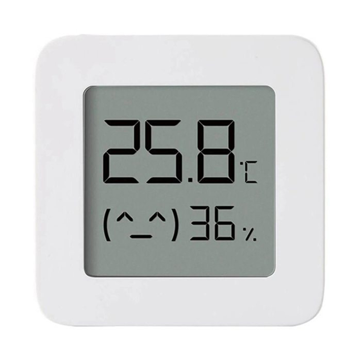 Pantalla digital blanca que muestra temperatura y humedad. Incluye gráfico de carita sonriente.
