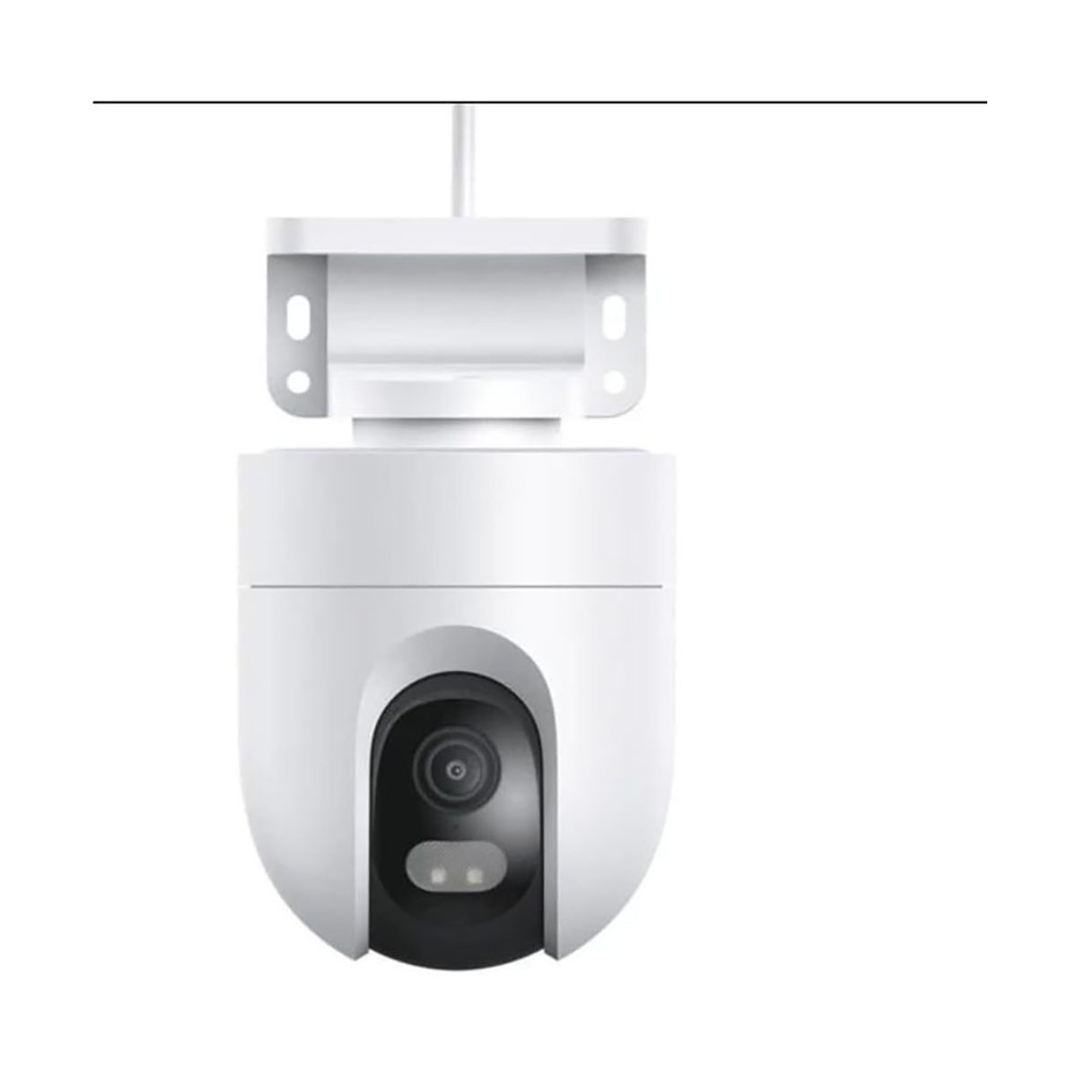 Biała kamera bezpieczeństwa, zamontowana na białym wsporniku. Kamera ma czarną soczewkę.