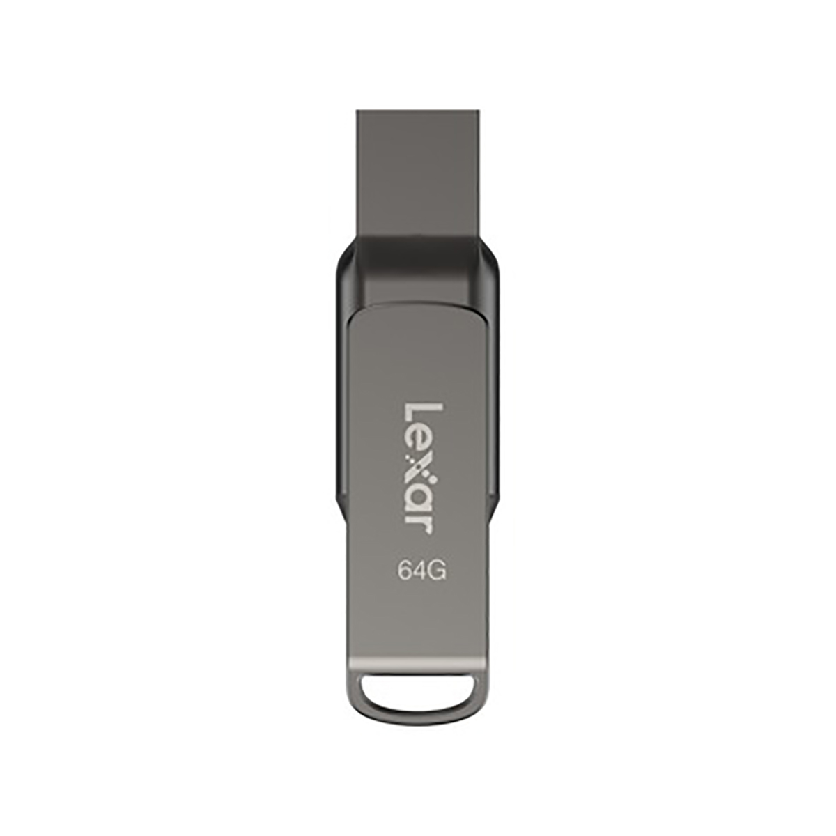 Clé USB Lexar argentée. La clé a les étiquettes Lexar et 64G imprimées.
