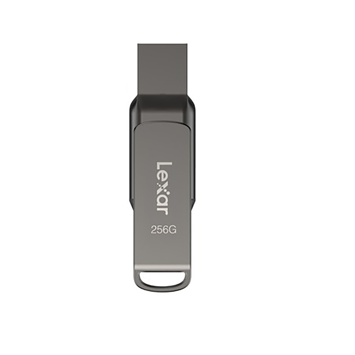 Srebrny pendrive Lexar ze złączem USB i napisem 256G. Dysk jest w pozycji pionowej.