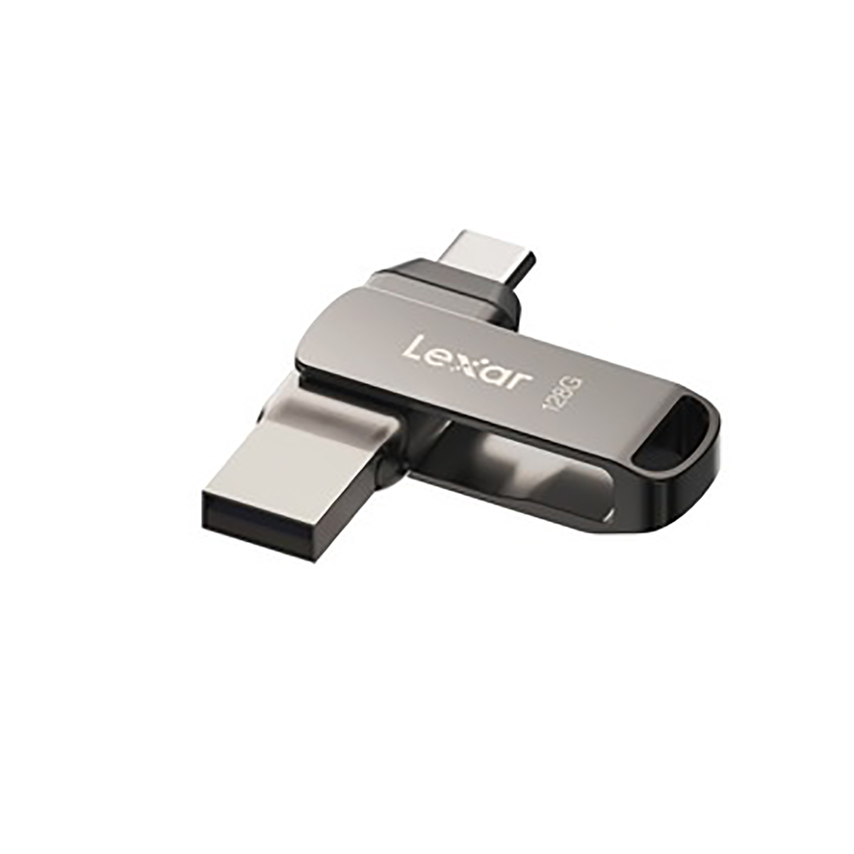 Srebrny i czarny pendrive Lexar, dwustronny, na białym tle.