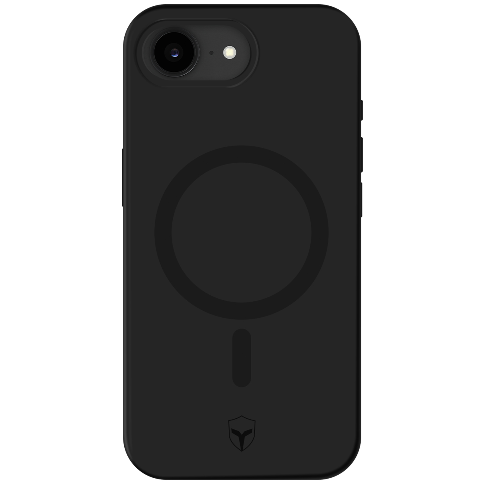 Een zwarte telefoonhoes met een zwarte magsafe cirkel en een camera.