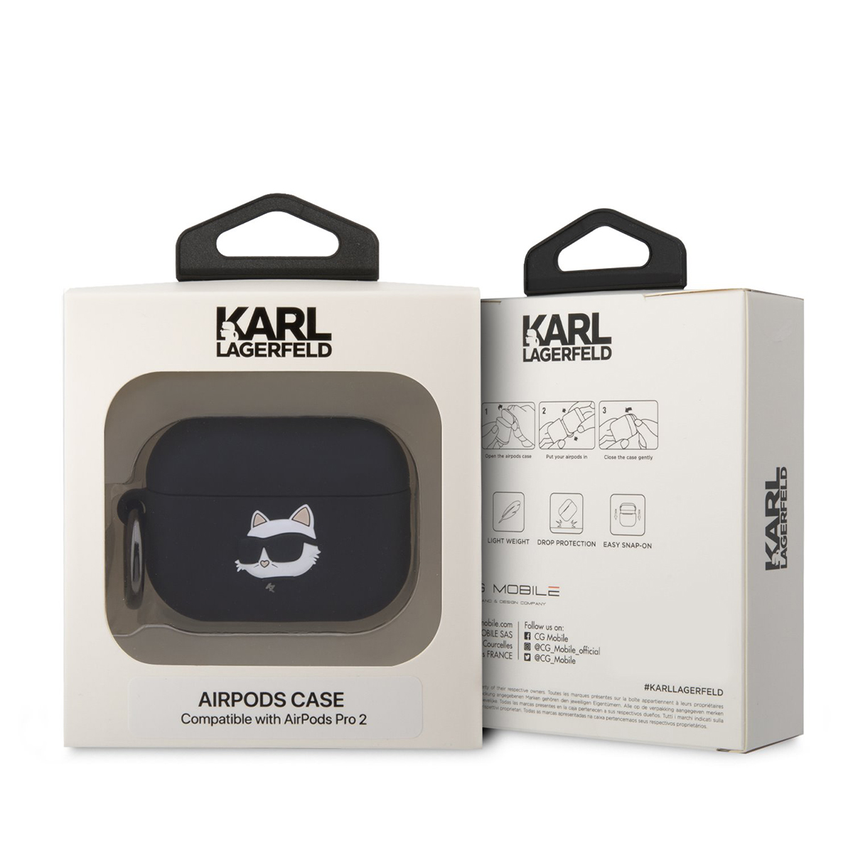Funda Karl Lagerfeld AirPods Pro 2, negra, con un gráfico de gato blanco. Embalaje blanco.