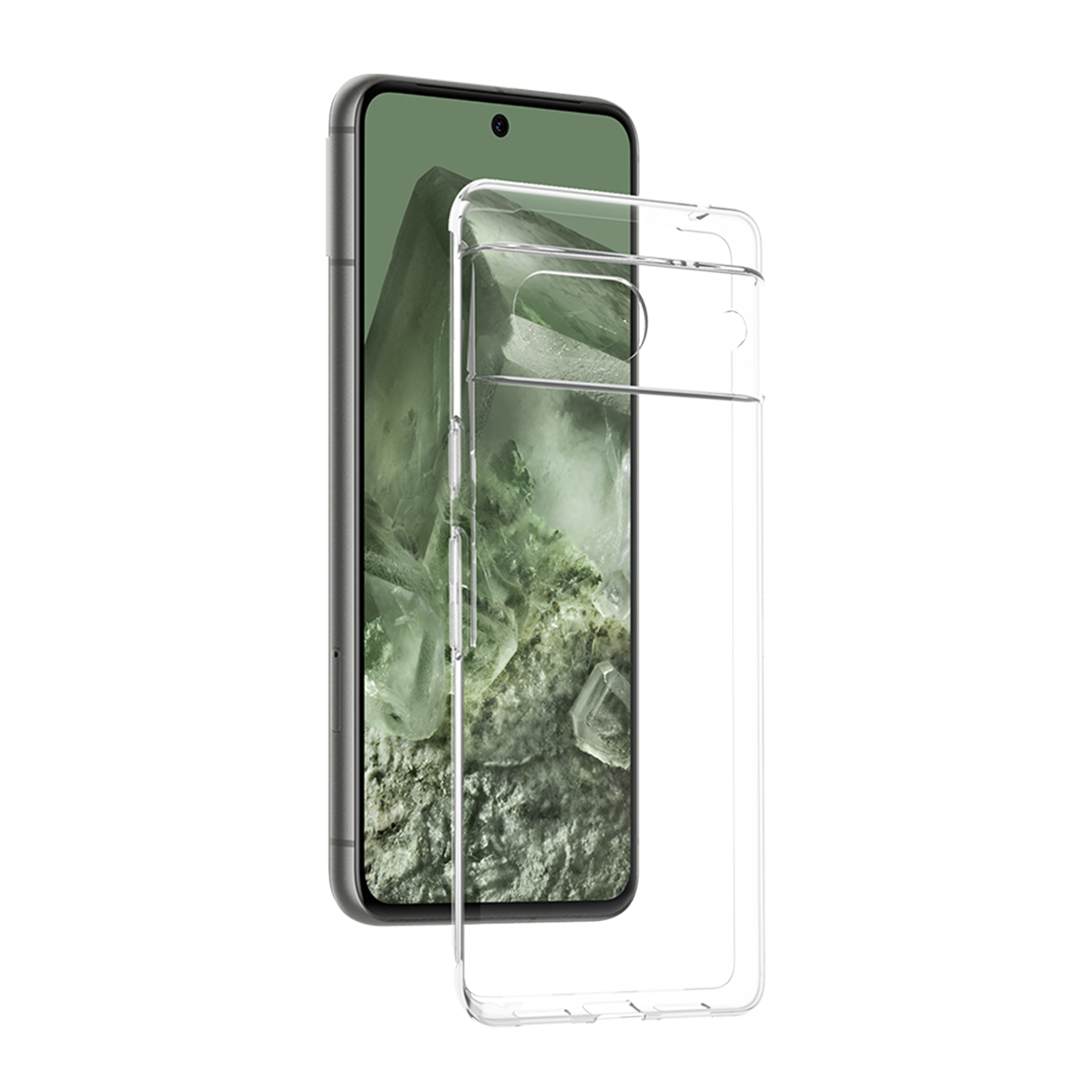 Transparente Handyhülle über einem Smartphone. Telefonbildschirm zeigt grünen Hintergrund mit weißen Details.