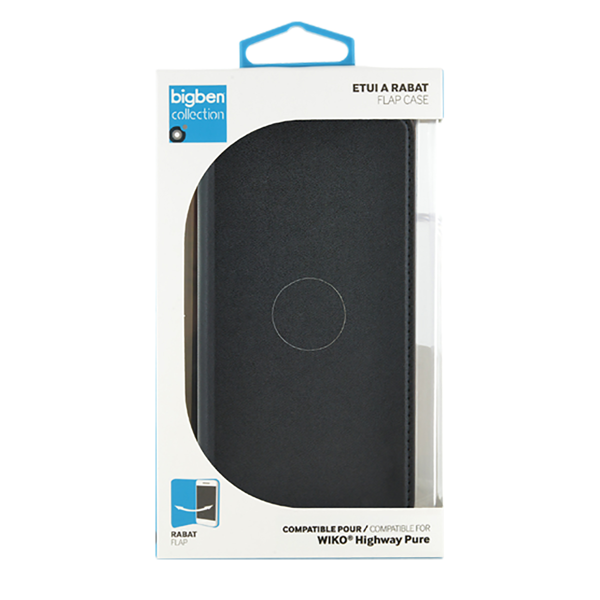 Custodia a libro Wiko Highway Pure nera in una confezione Bigben bianca e blu.