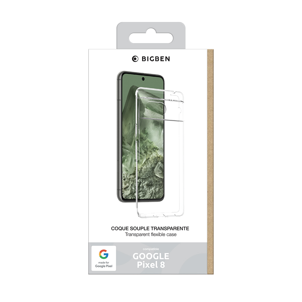 Transparente Hülle für Google Pixel 8 in einer weiß-grünen Bigben-Verpackung.