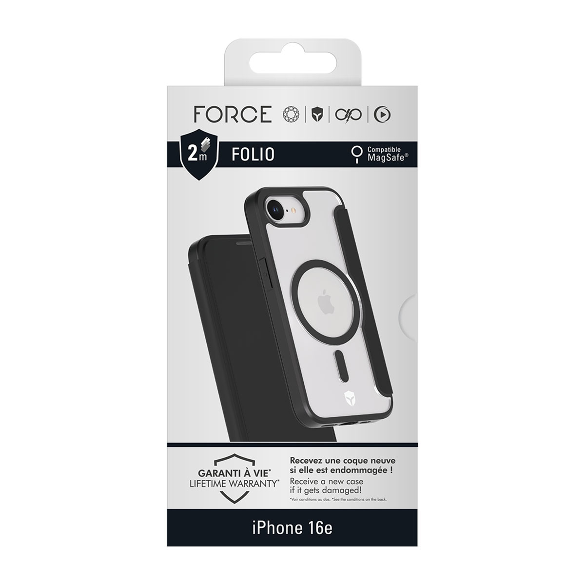 Confezione di custodia per telefono con telefono nero all'interno. È per un iPhone 16e.