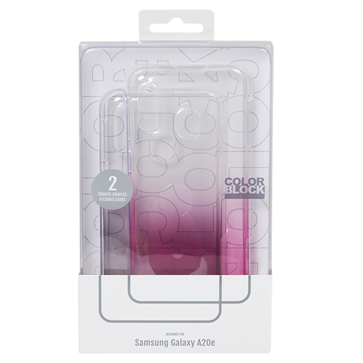 Custodia per telefono in scatola trasparente. La custodia è rosa e bianca, con un design a blocchi di colore.
