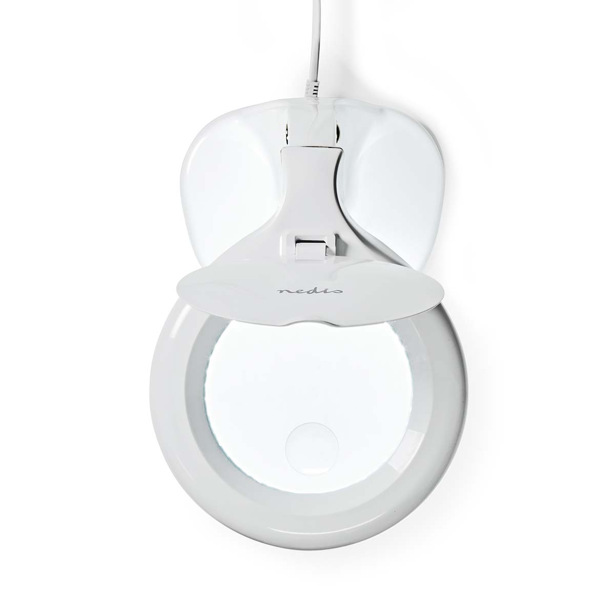 Una lampada con lente d'ingrandimento bianca. Ha una lente rotonda e una base per il muro.