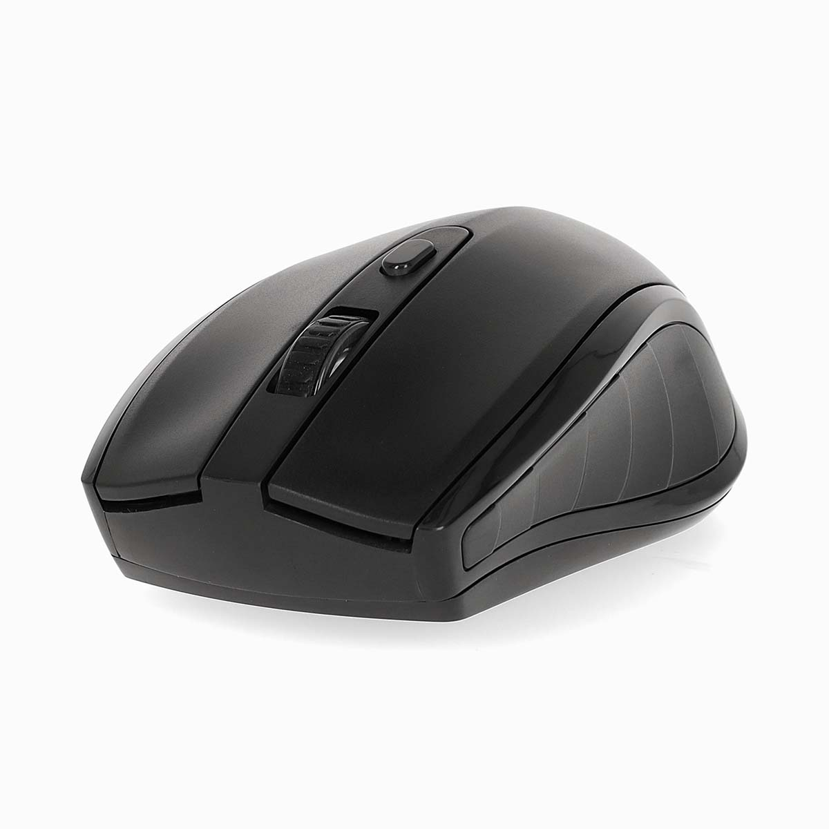 A black wireless computer mouse with a scroll wheel and buttons on a white background.