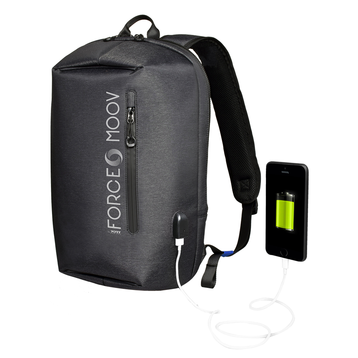 Schwarzer Rucksack mit Handy-Ladefunktion. Er hat einen USB-Anschluss und den Schriftzug FORCE MOOV.
