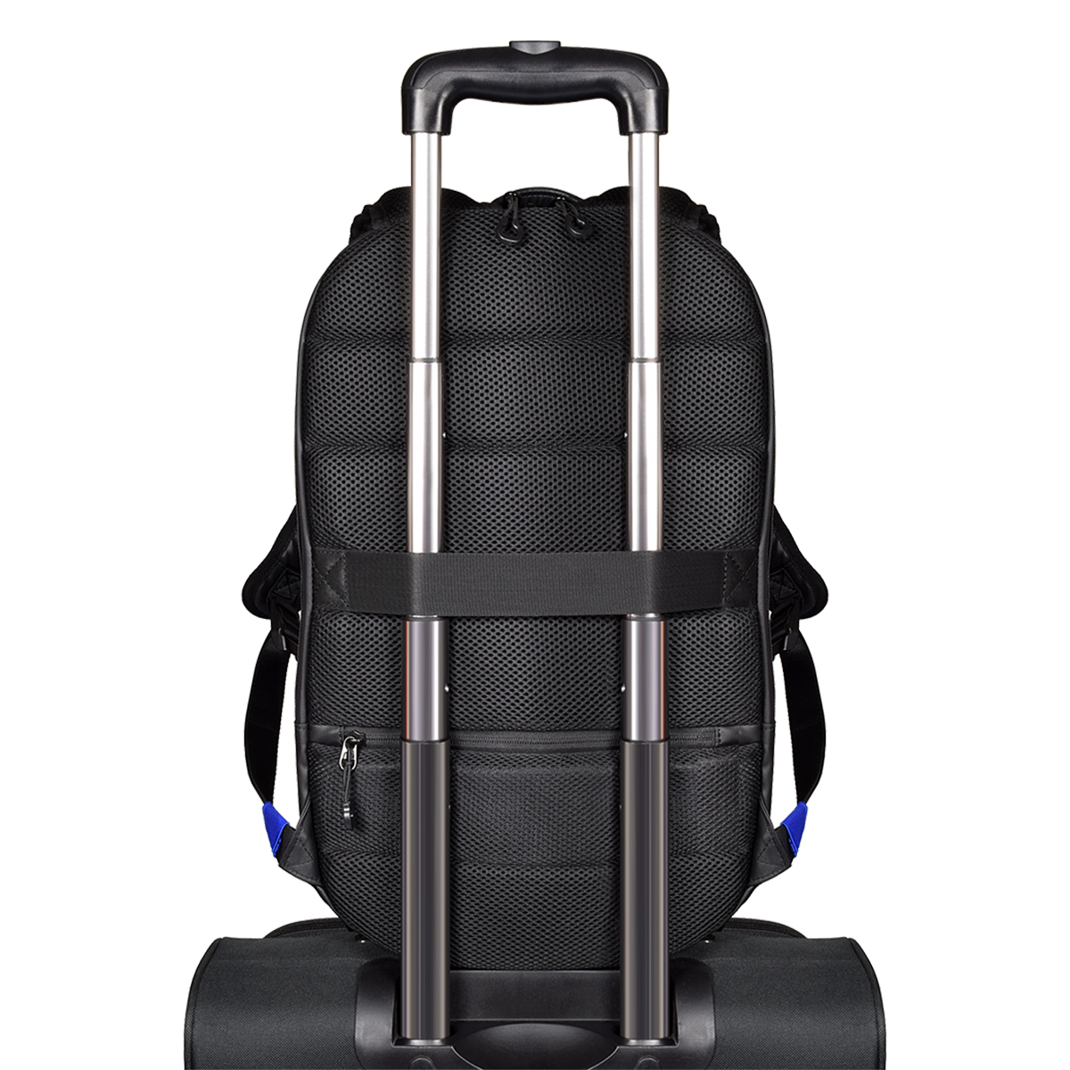 Ein schwarzer Rucksack auf Rollen mit Griff. Die Rückseite hat eine Netzabdeckung.