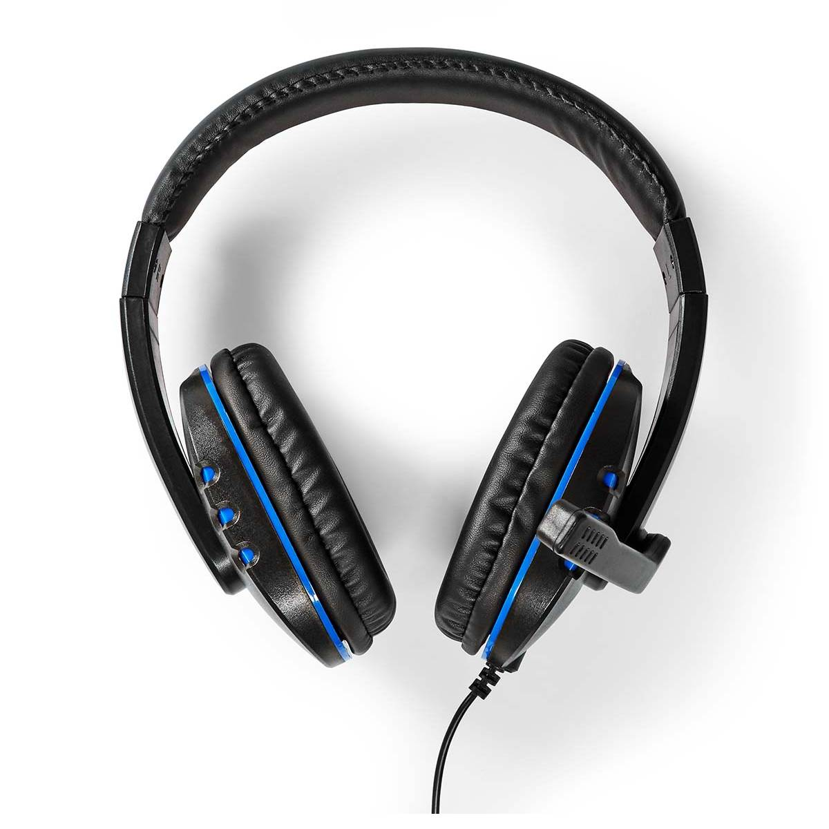 Black headphones with blue accents on a white background.