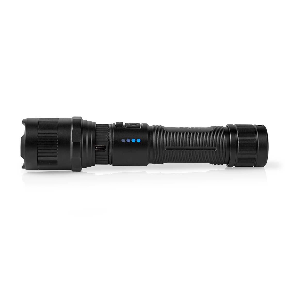 Lampe de poche noire avec lumières bleues, corps texturé et bouton sur le côté.