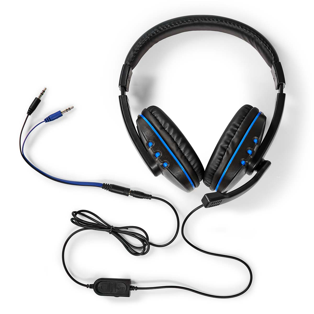 Casque noir avec accents bleus, connecté à deux prises audio et un contrôle du volume.