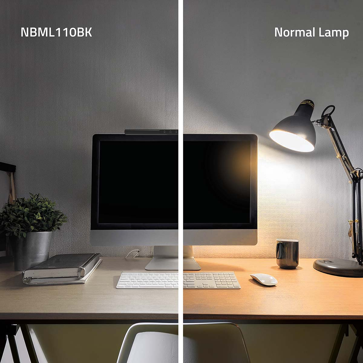 Two side-by-side images of a desk. One with dim lighting, the other with a lit desk lamp.