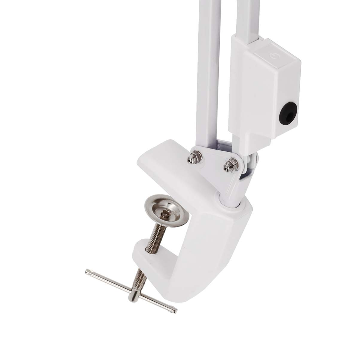 Witte lamp met een klem en verstelbare arm, op een witte achtergrond.