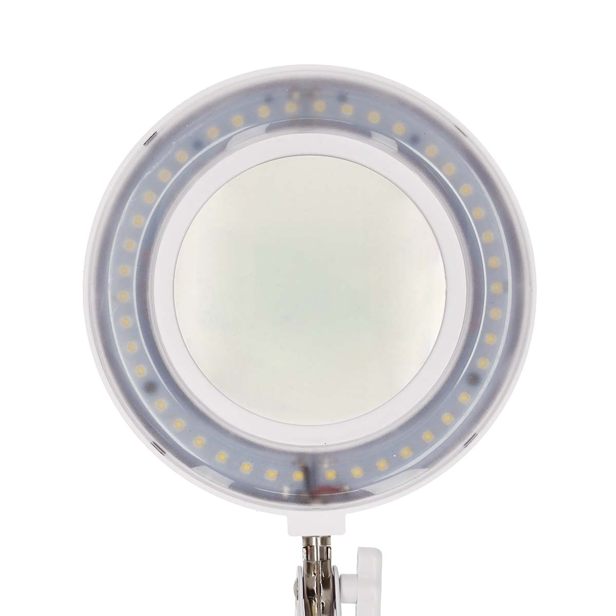 Ronde vergrootlamp met een LED-lichtring. Witte kleur. De lamp is ingeschakeld.