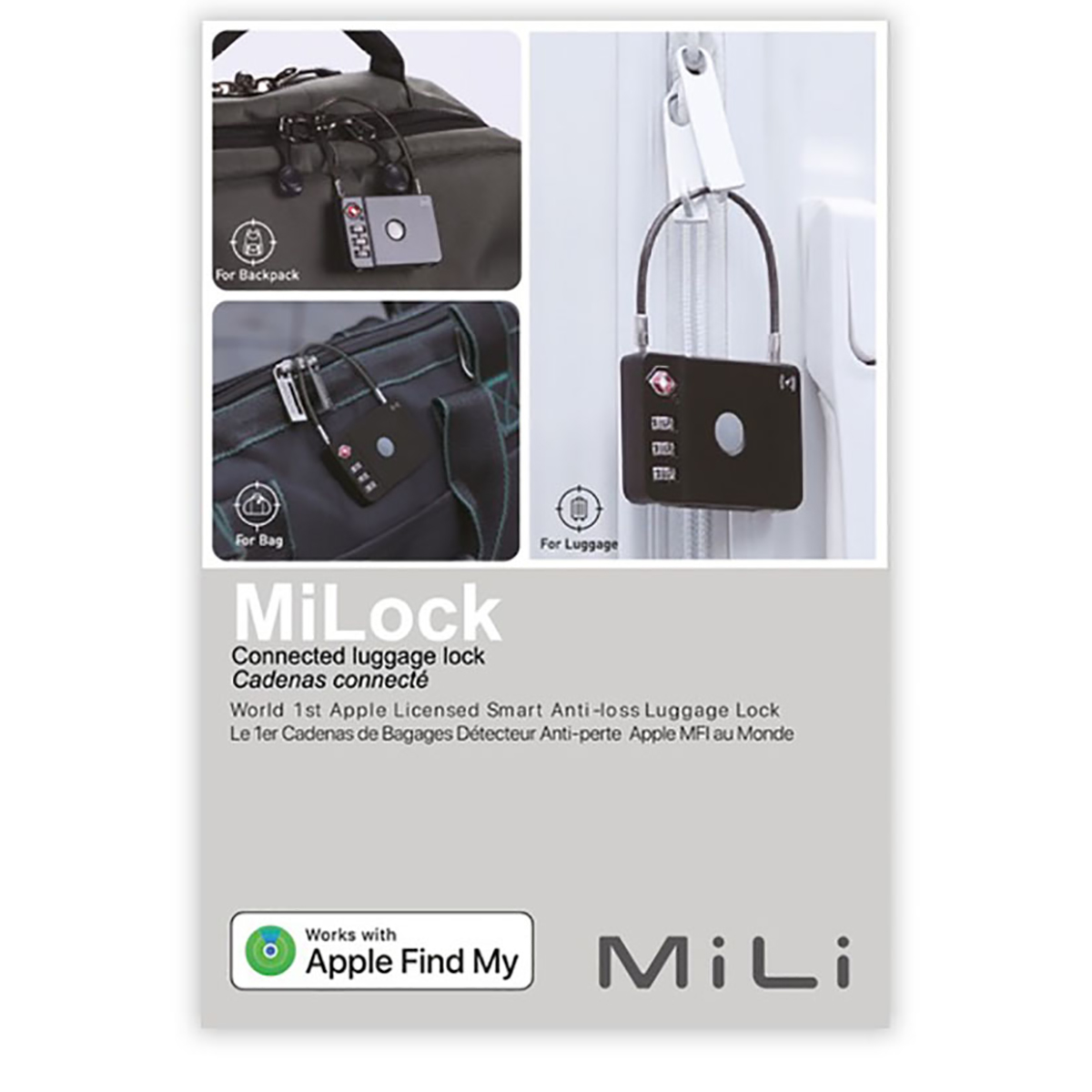 MiLock connected luggage lock with images of how to use it for backpacks and luggage.