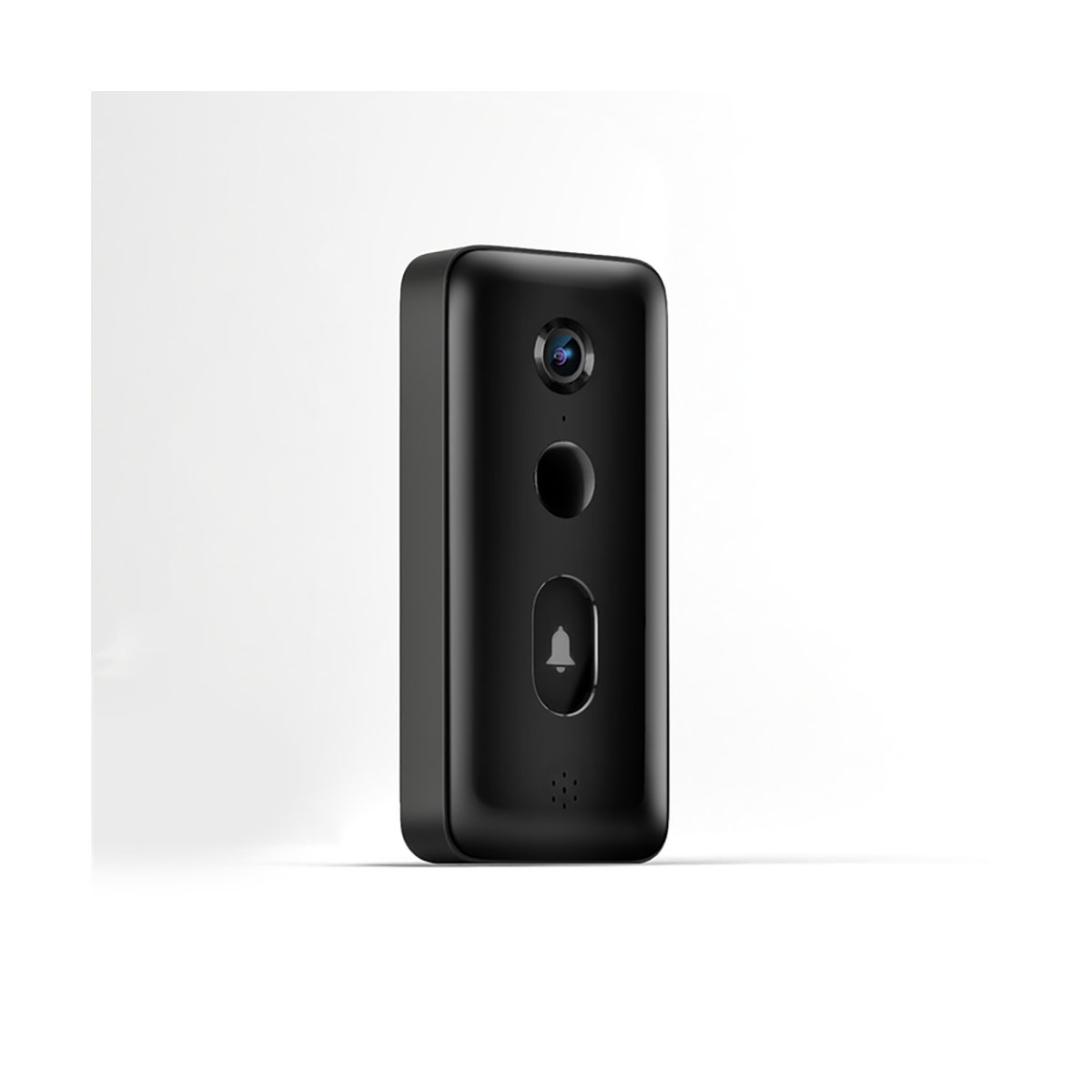 Czarny dzwonek do drzwi z kamerą i przyciskiem dzwonka, białe tło.