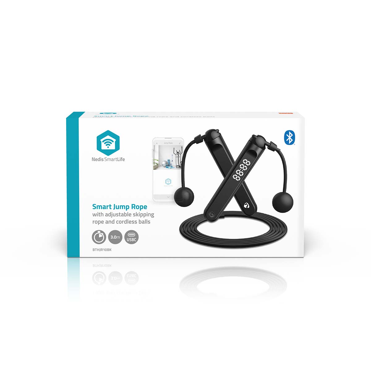 A Smart Jump Rope with a box. The box is white and shows a screen.