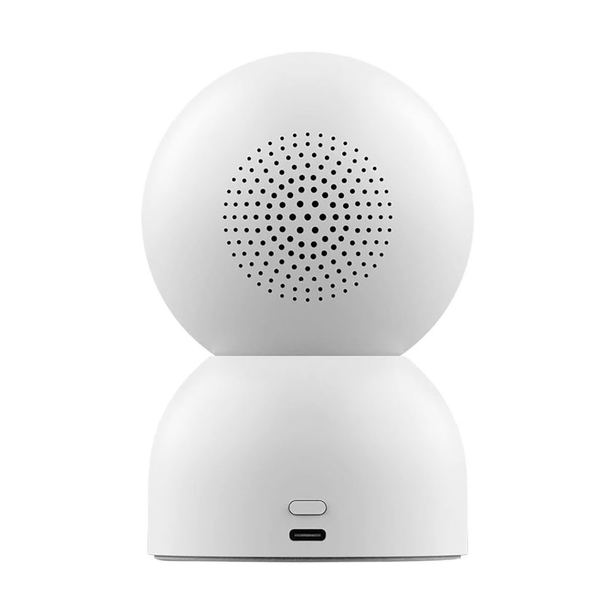 Biała kamera bezpieczeństwa z kratką głośnika. Kamera stoi na białej podstawie.