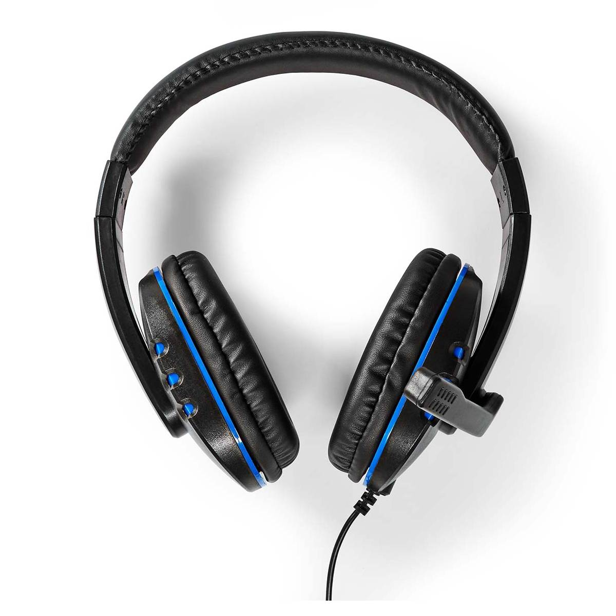 Casque noir avec accents bleus, sur fond blanc. Le câble est noir.