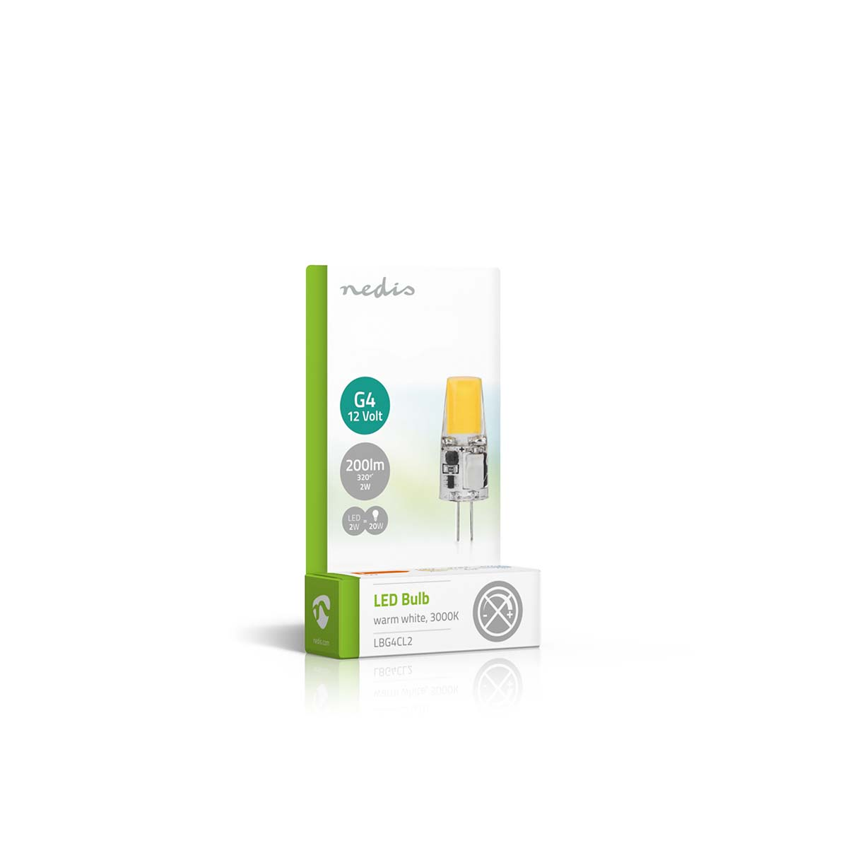Lampadina LED in una scatola. La lampadina è gialla. La scatola è verde e bianca.