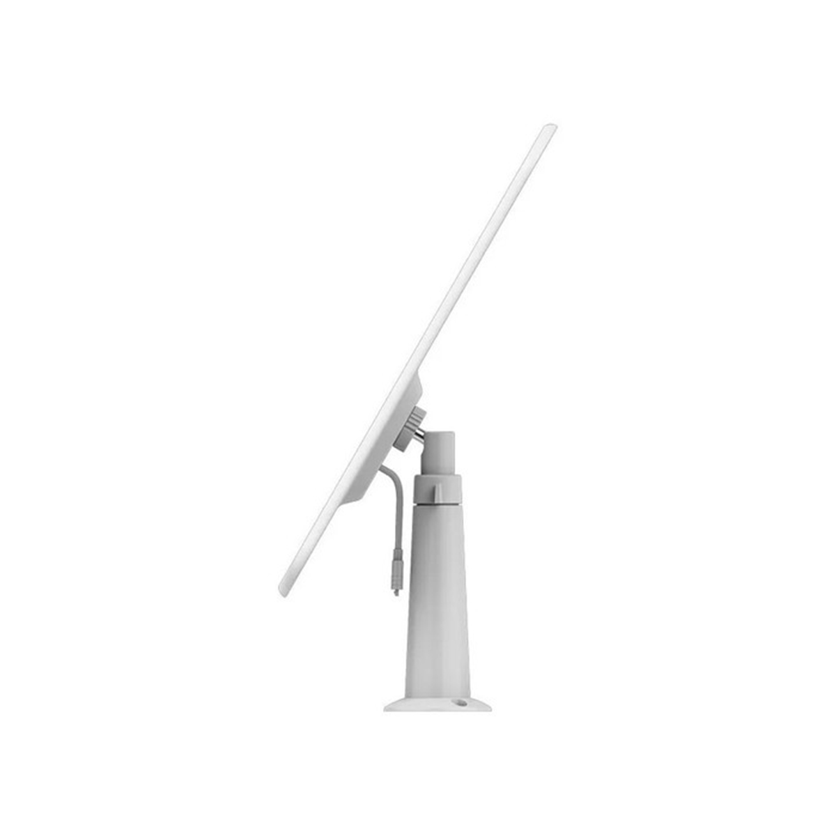 A white monitor on a white stand, viewed from the side.