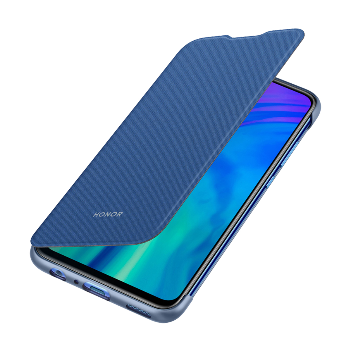 Custodia blu per telefono con un telefono all'interno. La custodia è aperta. Il marchio HONOR è visibile.